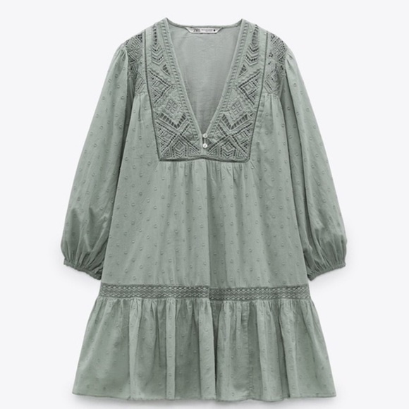 Zara Sage Green Embroidered Boho Babydoll Mini Dress Size Small - Picture 2 of 8